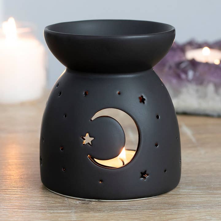 Quemador de aceite y calentador de cera Black Mystical Moon Cut Out para venta al por mayor de Something Different Wholesale