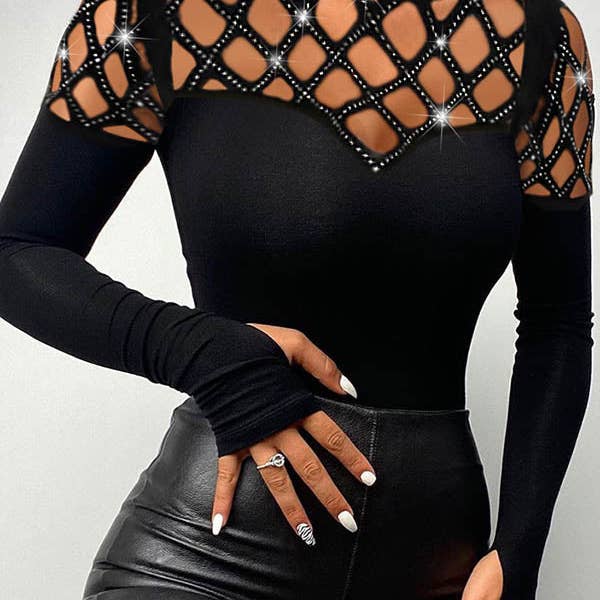 Langærmet Skinny Hollow Rhinsten Mock Neck T-shirts Toppe for engroshandel hos Sheer Trend