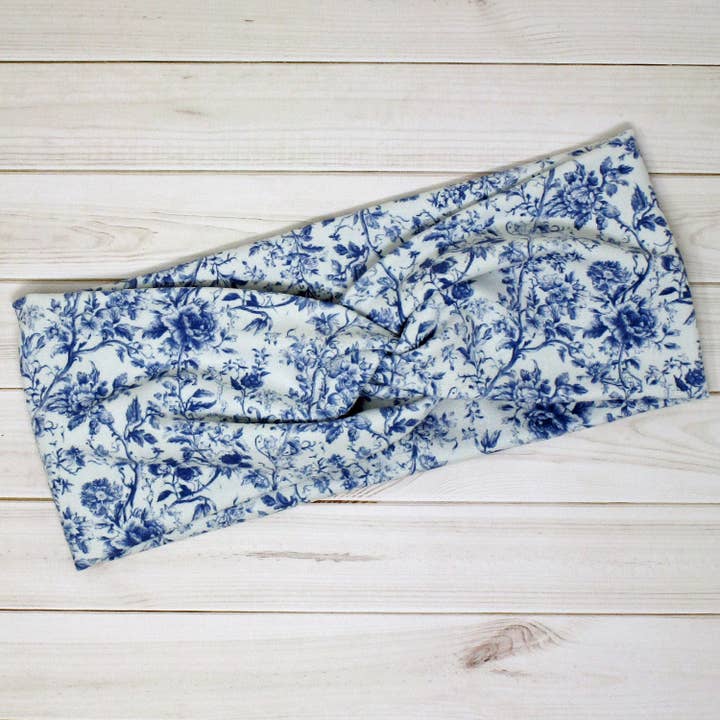 Vintage Old Blue Floral Print Twist Headband for wholesale by Treasured Haven