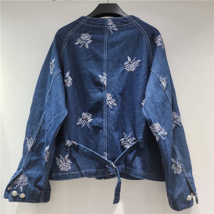 M304 Embroidered Beaded Floral Dark Blue Denim Jacket for wholesale on Faire1