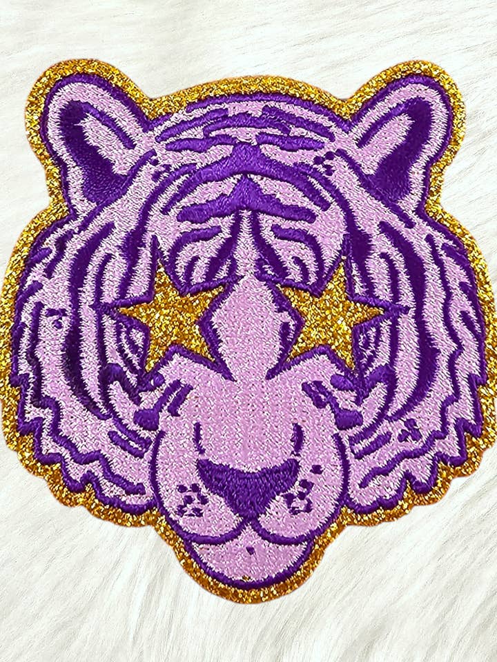 Small Purple Tiger Gold Glitter Mascot with Star Eyes Embroidery Iron On Patch for wholesale by Scratch Decor