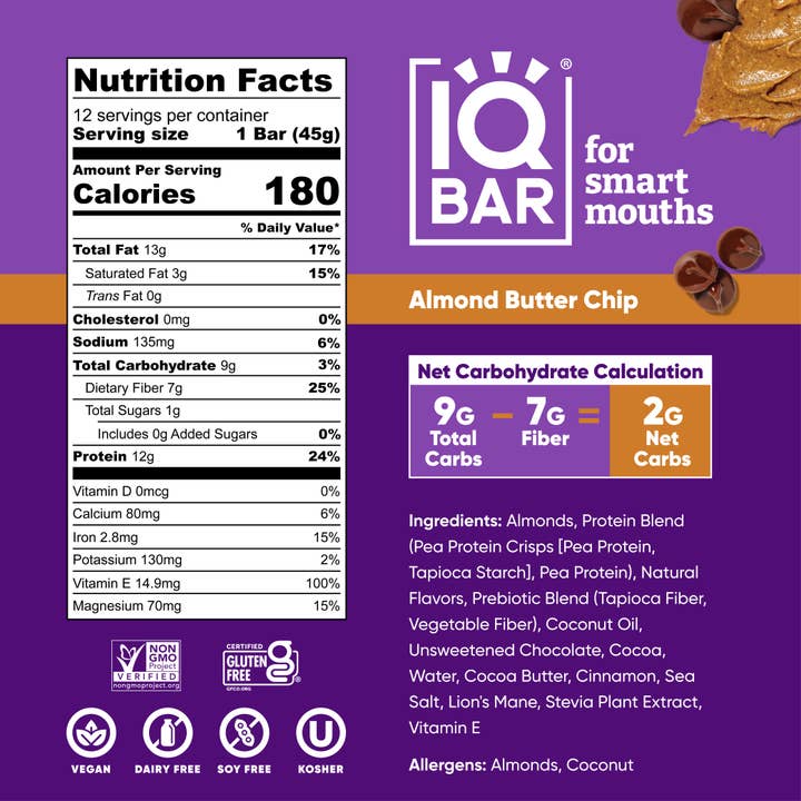 IQBAR - Wholesale Snack bar - IQBAR Almond Butter Chip | Brain + Body Keto Protein Bars3