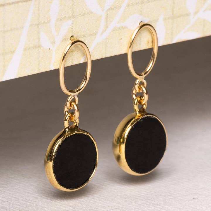 Black Onyx Gold Disc Drop Earrings for wholesale by Soul & Little Rose