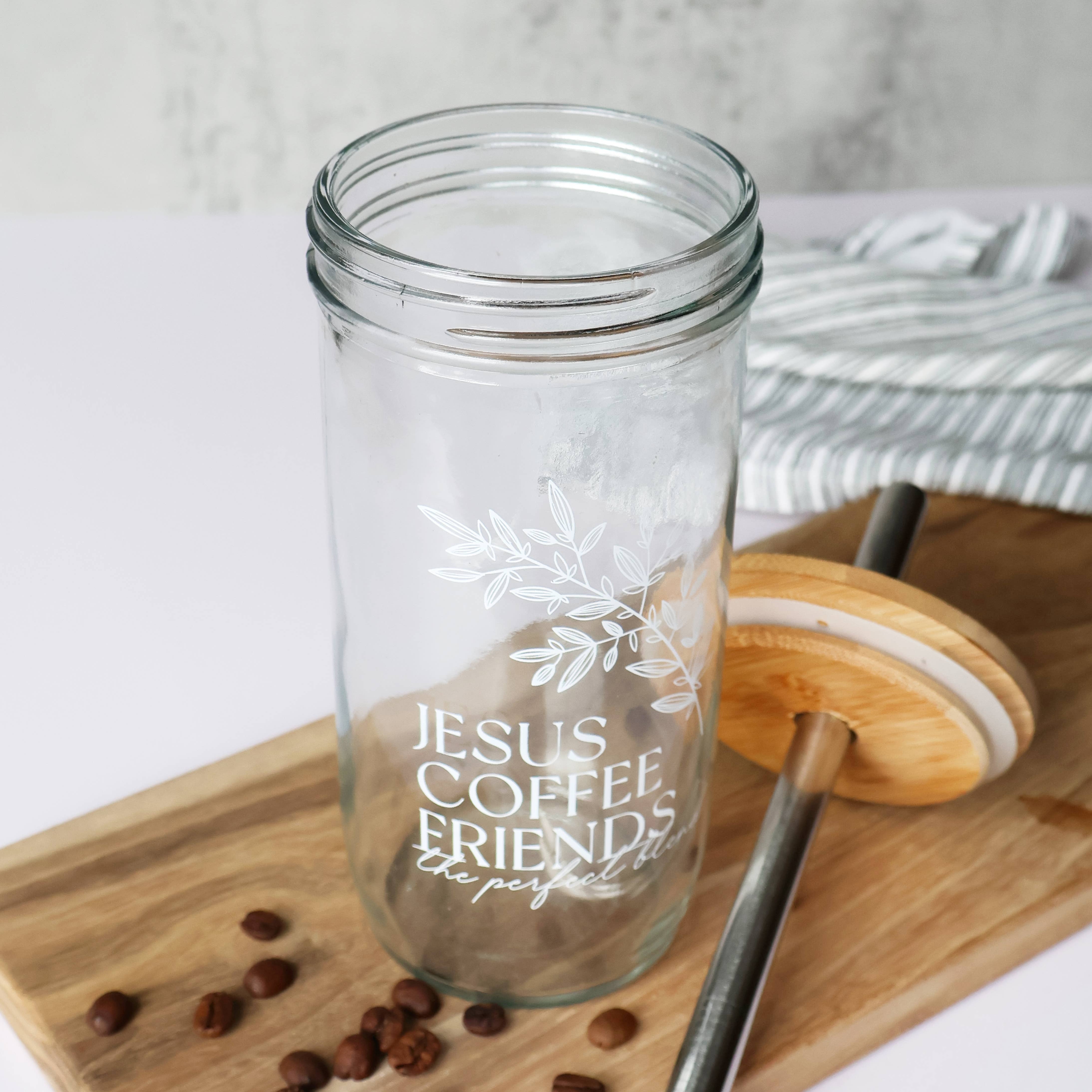 Grace and Joy Company - Wholesale Drinking Glass/Cup - Jesus, Coffee and Friends Floral Glass Tumbler + Bamboo Lid7