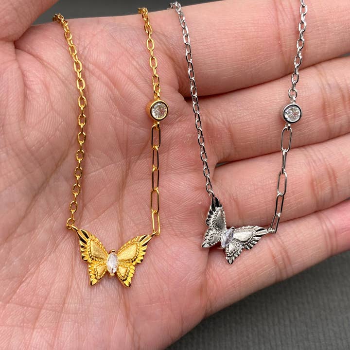 Zircon Inlaid 18K Gold Plated Butterfly Charm Necklaces for wholesale by Mio Queena