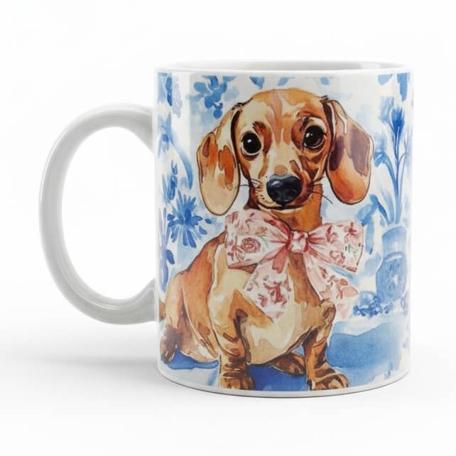 Teckel Mok Delfts Blauw Bloemen Strik 11oz voor wholesale door Teckels Tales Travels