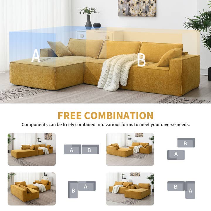 Yellow Minimalist Modular Chenille Sectional Sofa Bed for wholesale on Faire