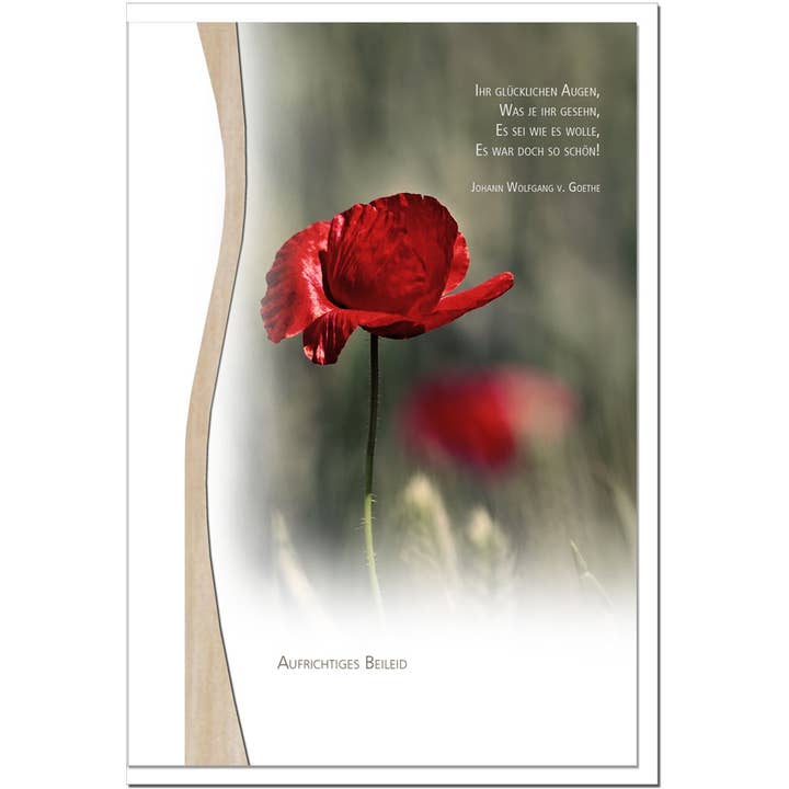 metALUm Rouwkaart B6 – Rode Klaproos – Oprechte Deelneming – met Houten Versiering – Citaat van Goethe voor wholesale door metALUm