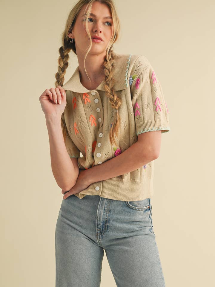 &MERCI - Wholesale Knit Sweater - Women's - HAND EMBROIDERED SHORT SLV BUTTON DOWN SWEATER MSW109537