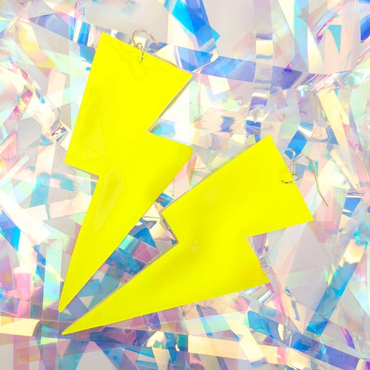 Large Neon Patent Yellow Lightning Bolt Dangle Earrings for wholesale by All The Discos