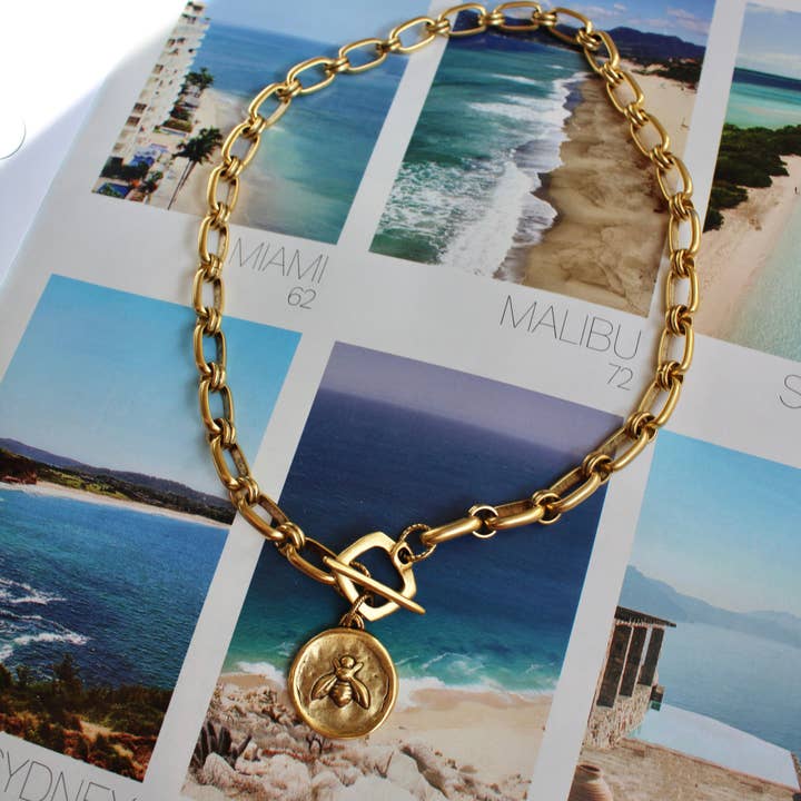 Antiqued Gold Bee & Fleur de Lis Chunky Chain for wholesale by Vivian Grace Jewelry