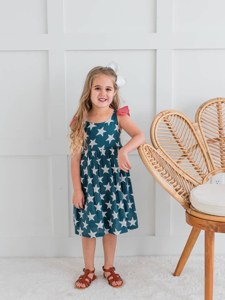 Yo Baby - Wholesale Dress - Kids - Navy Star Print Sleeve Ruffled Gathered Dress : Infant : Baby : Toddler : Tween : Kids