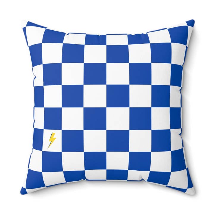 Blue & white checkerboard with lightning bolt Faux Suede Square Pillow for wholesale by Once Upon a Find Couture