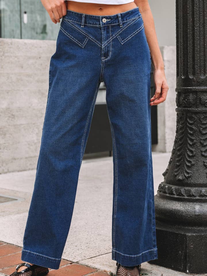 Sail Blue Stitched Waist Detail Loose Cuffed Jeans for wholesale on Faire