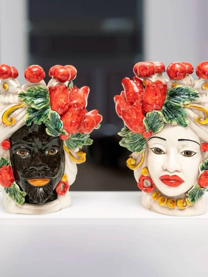 Moorish Heads Red Tulips Ceramic Caltagirone cm H.30 L.23 Handmade for wholesale by DD Ceramiche Siciliane