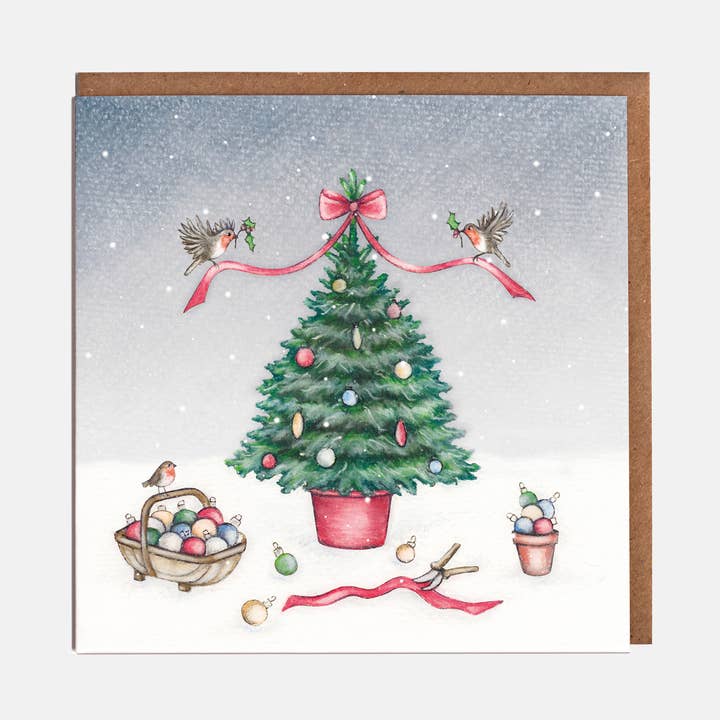 Christmas Tree & Robins Christmas Card - Blank for wholesale by Lottie Murphy