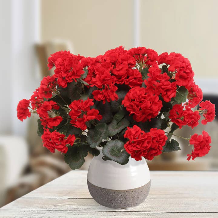 Larksilk - Wholesale Artificial Flowers - 18-Inch Red Geranium Artificial Flower Bush With 7-Stem2