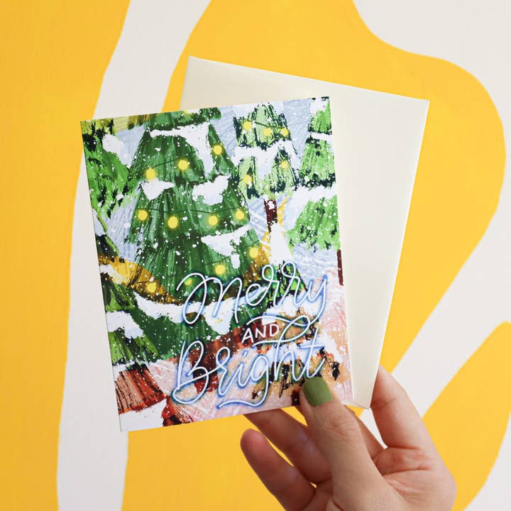 Tarjeta tamaño A2 ilustrada con diseño de árboles de Navidad para venta al por mayor de Esther Nariyoshi Illustrations