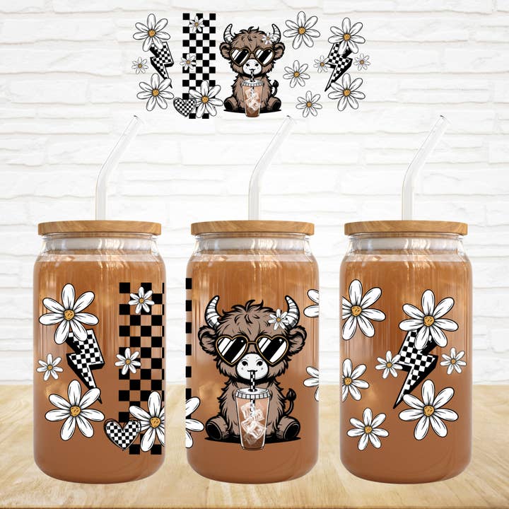 16oz UV DTF Wrap - Iced Coffee Highland Cow for wholesale by Small Biz Shipping Co