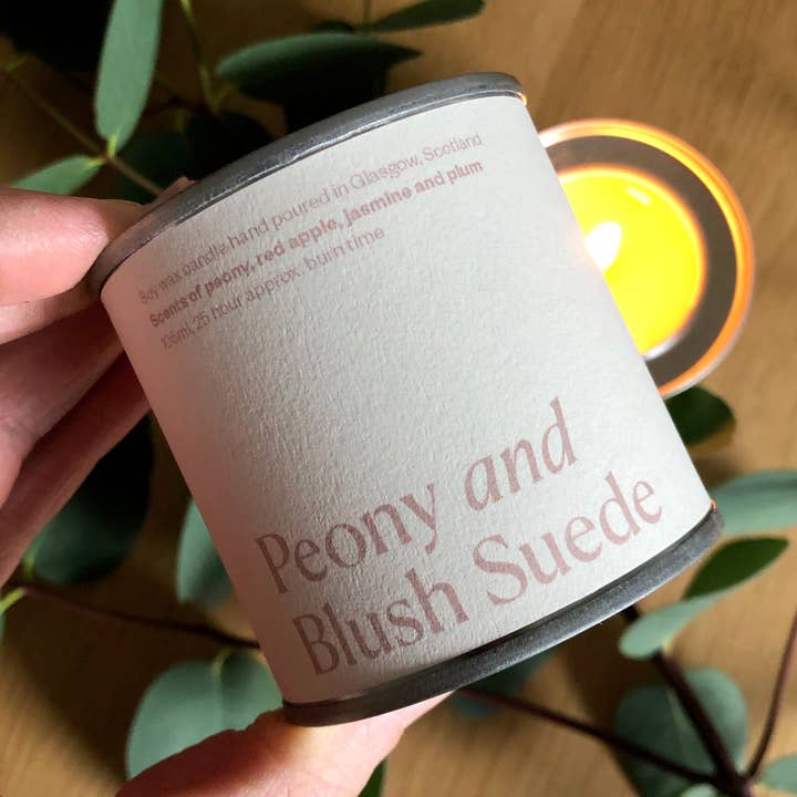 Peony and Blush Suede Soy Wax Candle Tin for wholesale by Lovat Press