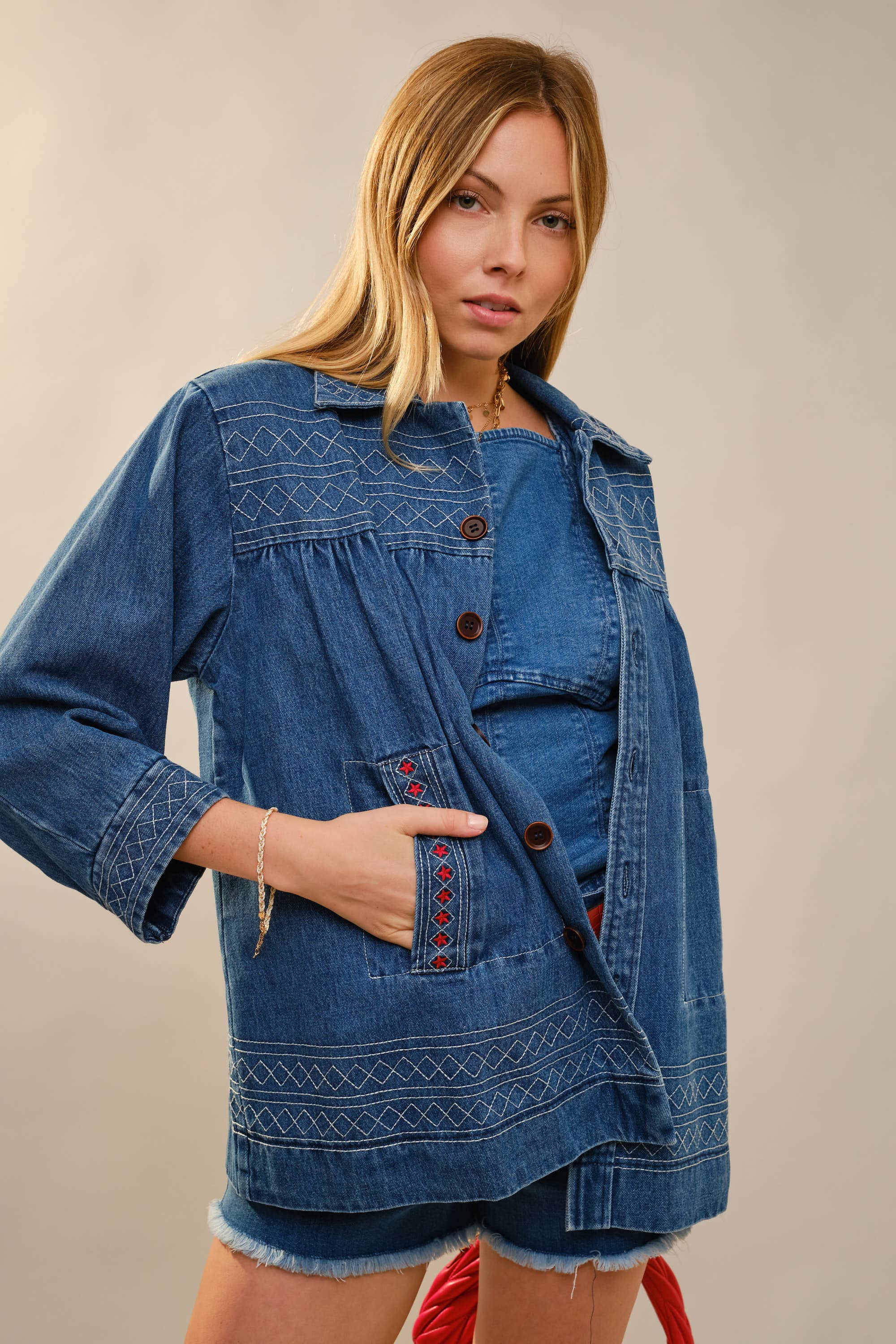 MED WASH 23652J Embroidery Detailed Over Sized Denim Jacket for wholesale on Faire2