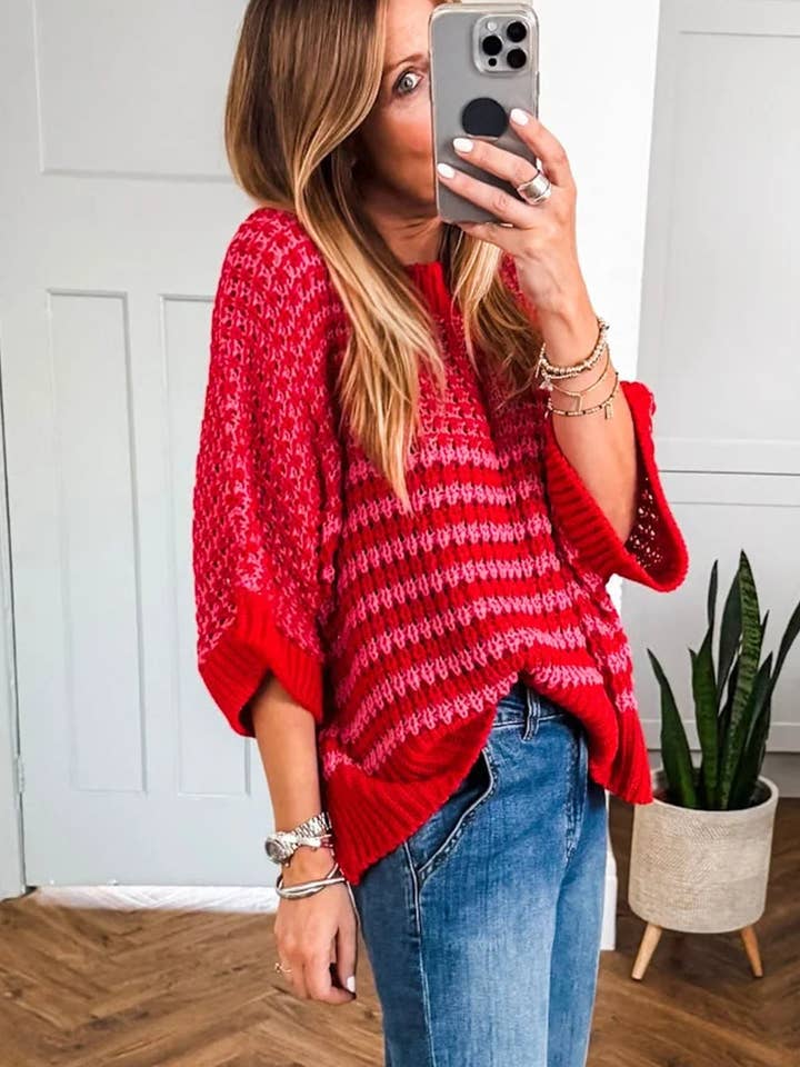 Suhkasana - Wholesale Knit Sweater - Women's - Red Striped Slouchy Knit Sweater with 3/4 Draped Sleeves2
