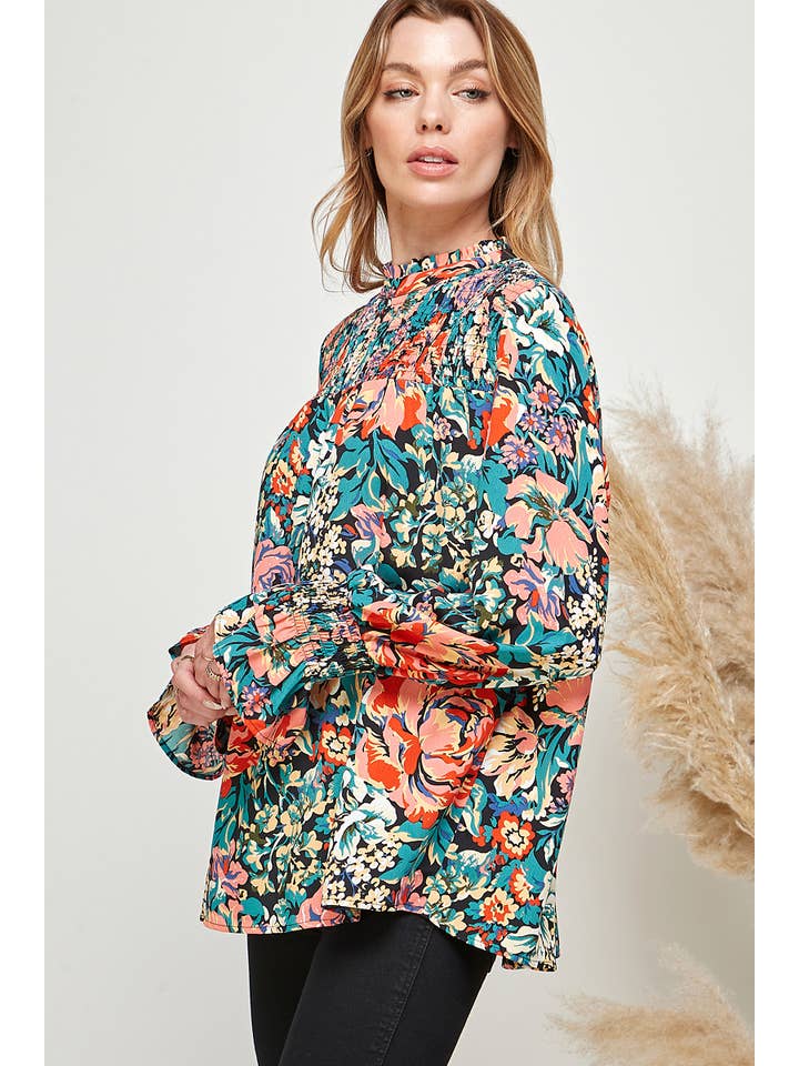 FLORAL PRINT PLEATED HIGH NECK PEASANT SLEEVE TOP for wholesale on Faire