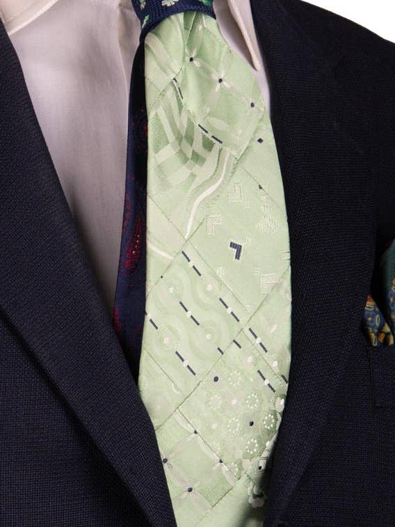 Grön Sidenmosaik Patchwork Slips Blå Grå Silver Mönster PM758 för wholesale av Graffeo Cravatte