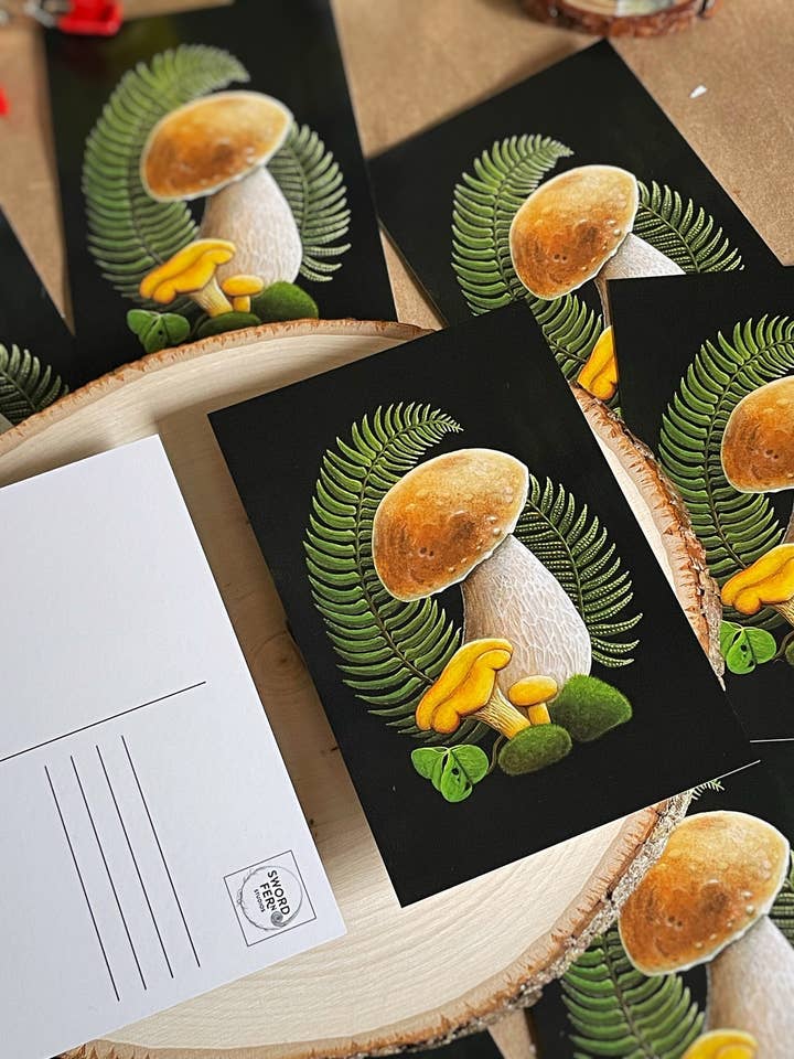 Postales, pintura acrílica de hongos y helechos para venta al por mayor de Sword Fern Studios