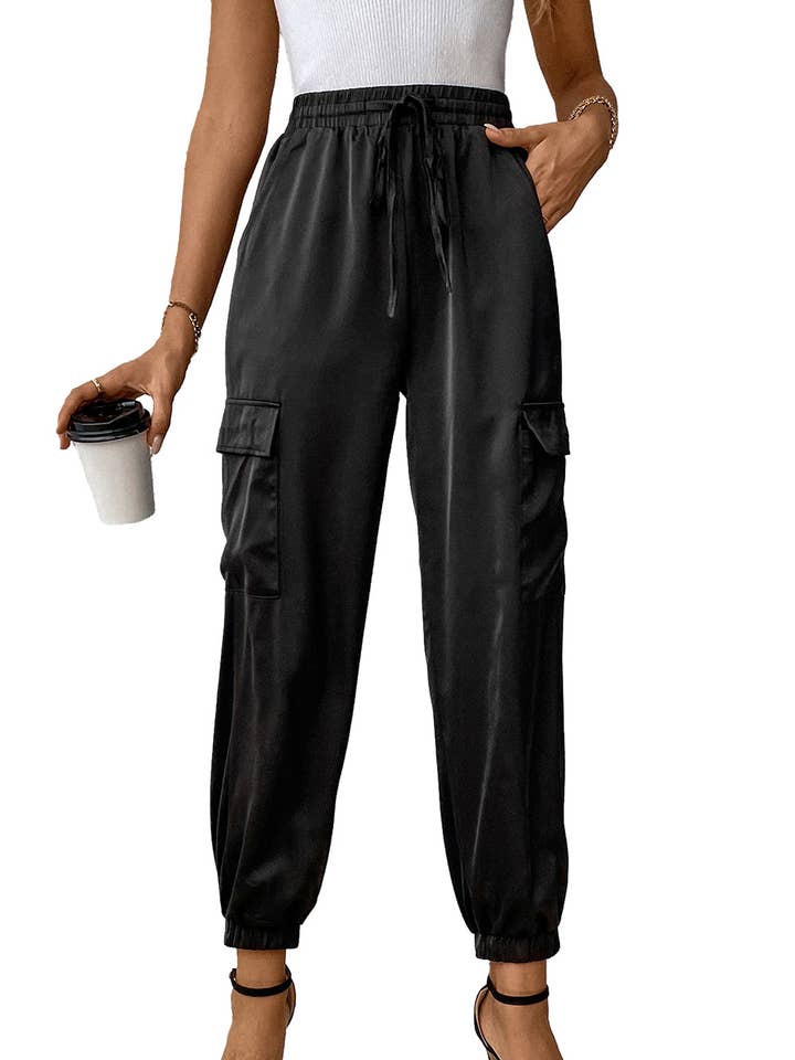 Black Satin Pocketed Drawstring Elastic Waist Pants for wholesale on Faire0