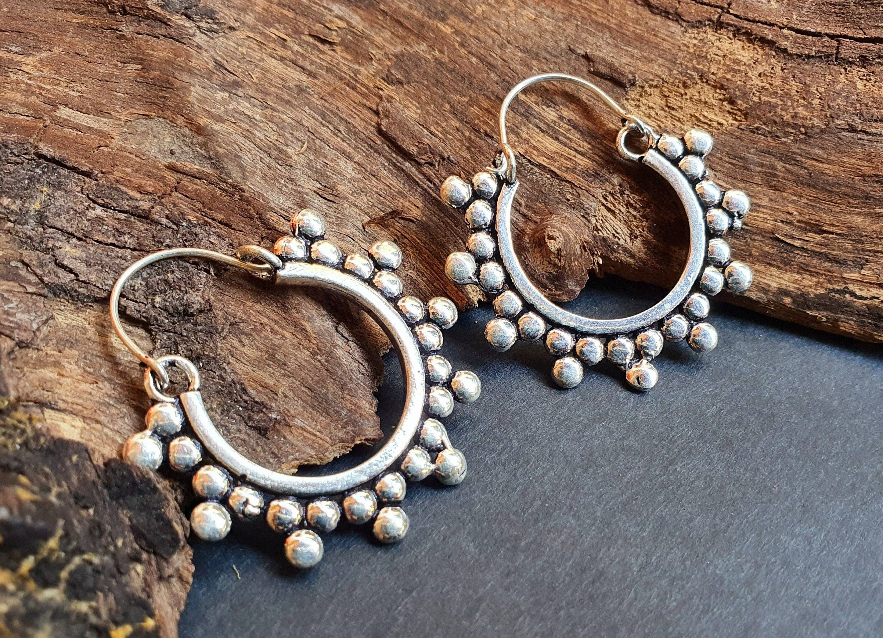 Kaali Boutique – wholesale Hoop earrings – Gypsy Flower Silver Hoop Earrings; Ethnic, Geometric, Rustic, Yoga, Hippie, Gypsy, Pretty, Psy, Boho, Bohemian, Festival0