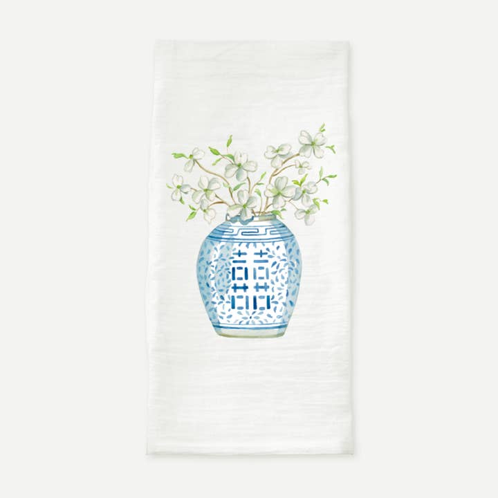 Double Happiness Jar with Dogwood Flowers Tea Towel for wholesale by Simply Jessica Marie