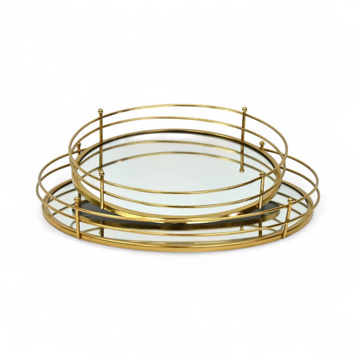 Cheungs Home Decor - Wholesale Decorative Tray - Set of 2 Round Metal & Mirror Trays | Gold | Double Row Rim