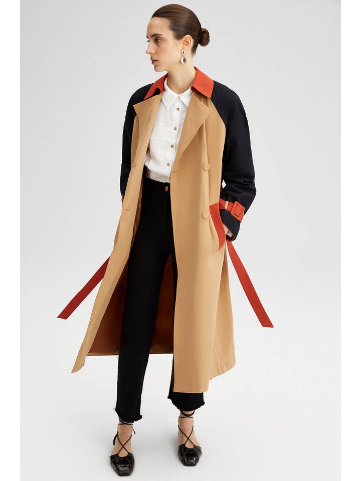Beige Colorblock Bælte Trenchcoat – Bomuldsblanding for engroshandel på Faire1
