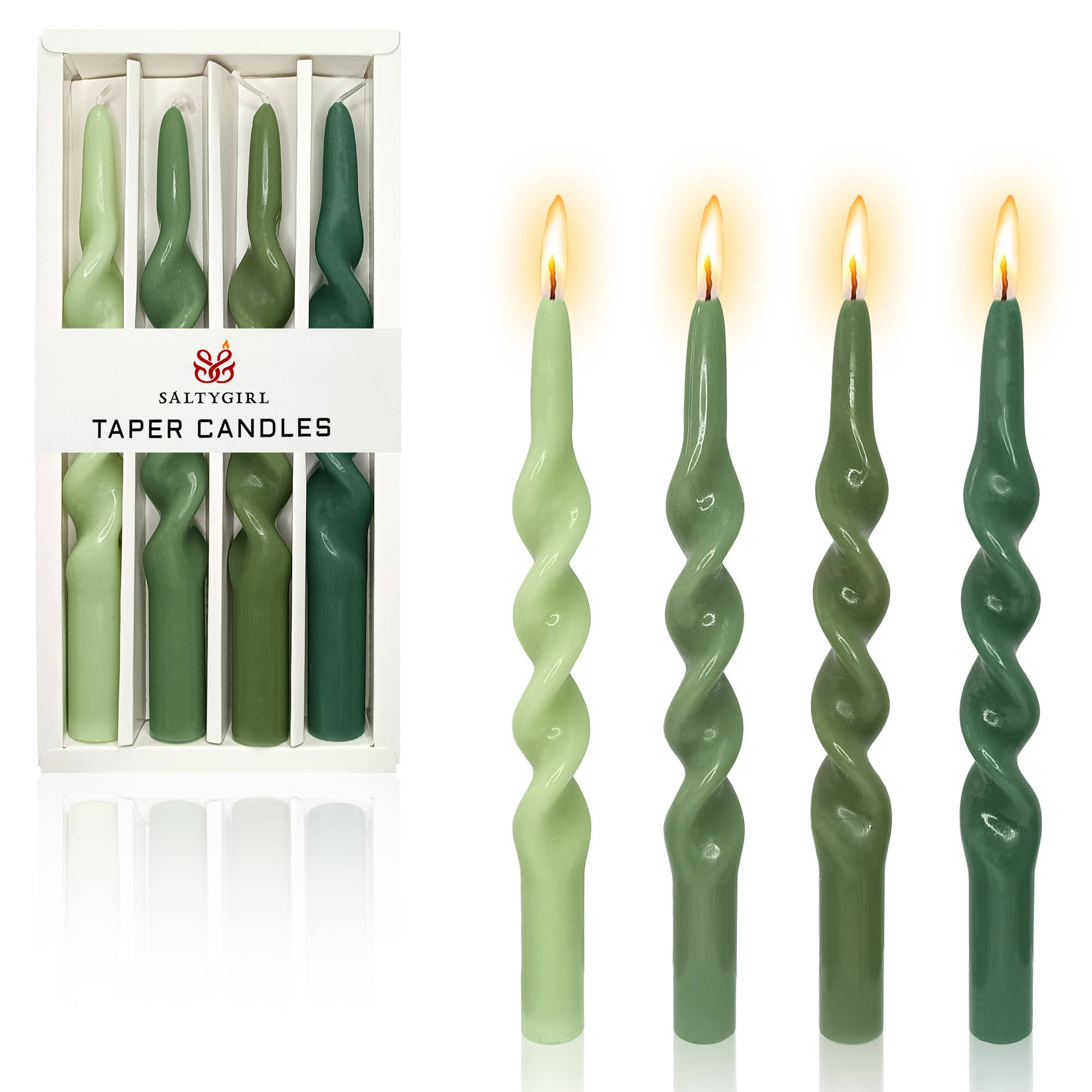 Candles Meta – Großhandel Konische Kerze/Kerzenhalter – Grünes Set mit 4 handgefertigten spiralförmigen Festtagskerzen mit Farbverlauf1