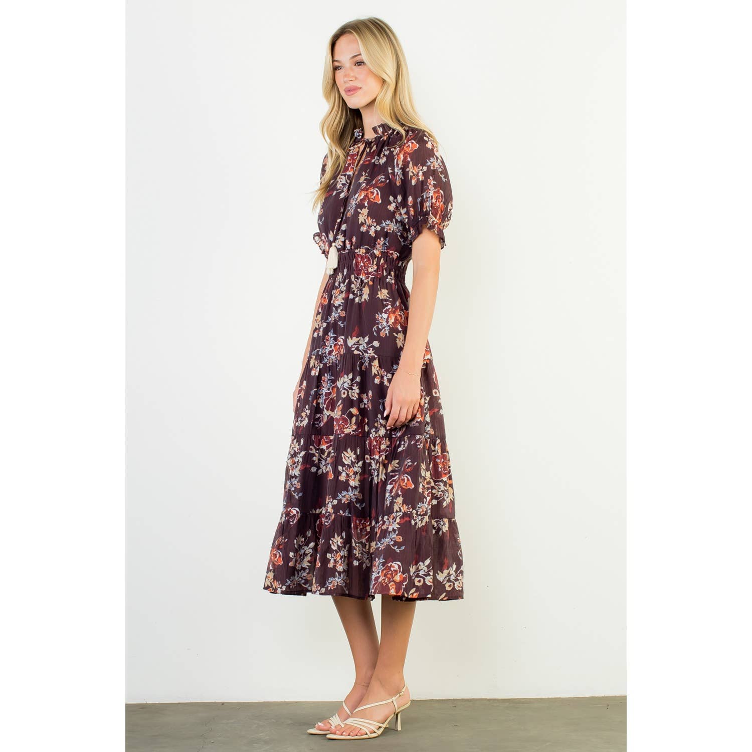 BURGUNDY Short Sleeve Floral Maxi Dress for wholesale on Faire5