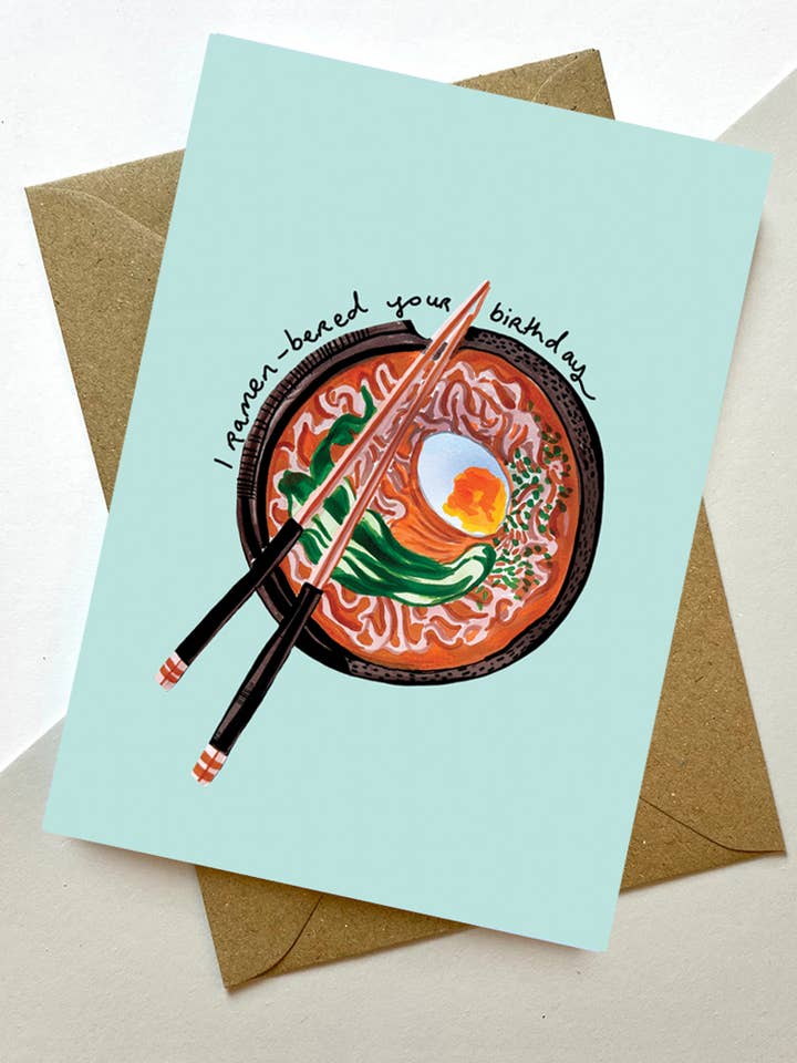 BIRTHDAY GREETING CARD RAMEN-BERED MAX MADE for wholesale by Notes & Queries, Inc.