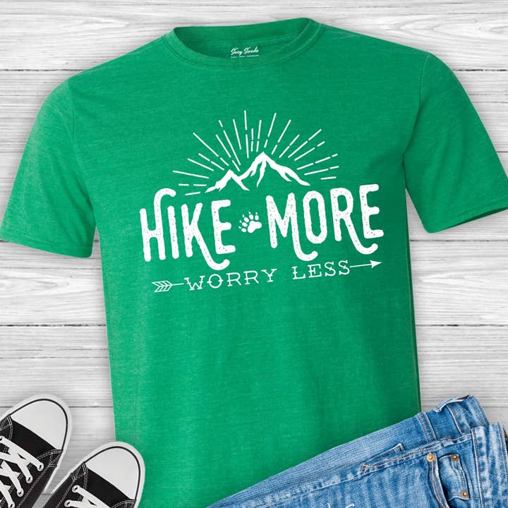 Hike More Worry Less Tshirt | Hiking Wanderlust Travel for wholesale by Suzy Swede