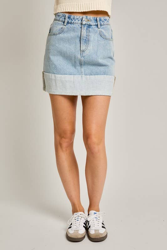 HIGH WAISTED CUFFED DENIM MINI SKIRT for wholesale on Faire