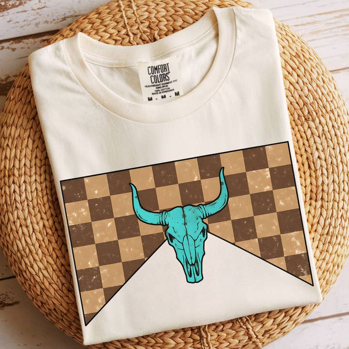 CHECKERED BULL SKULL WESTERN DTF TRANSFER for wholesale by Remi Lee Transfers