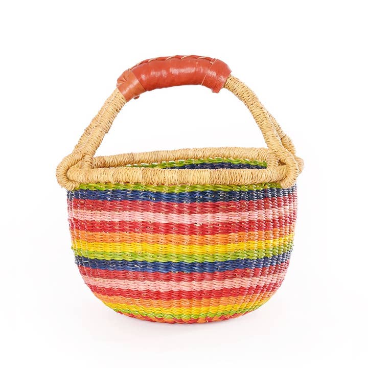 Swahili | AFRICAN MODERN - Wholesale Basket - Kids & Baby - Rainbow Chaser Baby Bolga Basket with Leather Handle