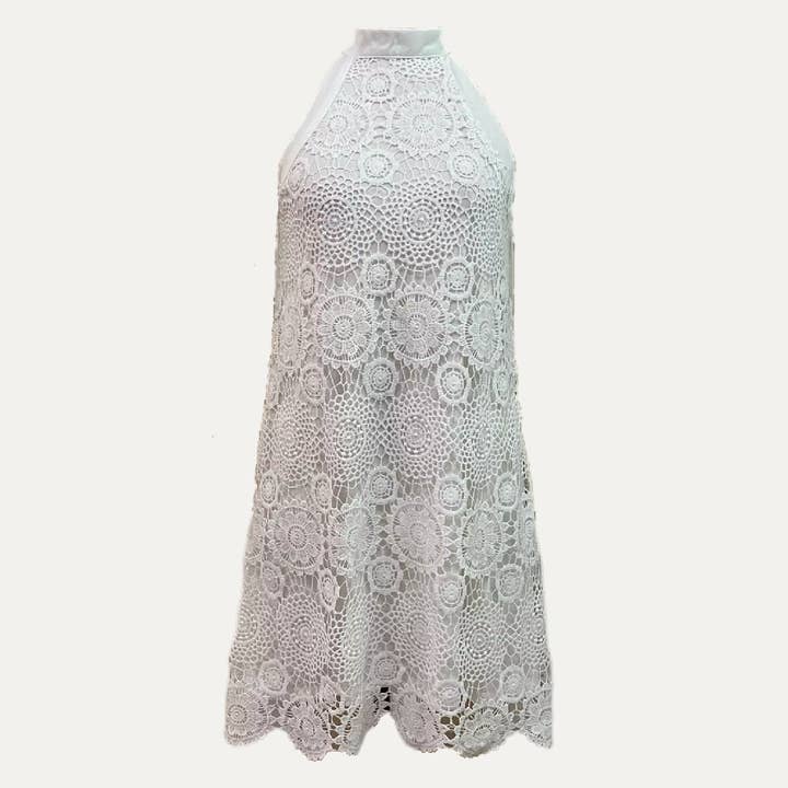 Elegant Sheer White Croceht Mock Neck Sleeveless Mini Dress for wholesale on Faire