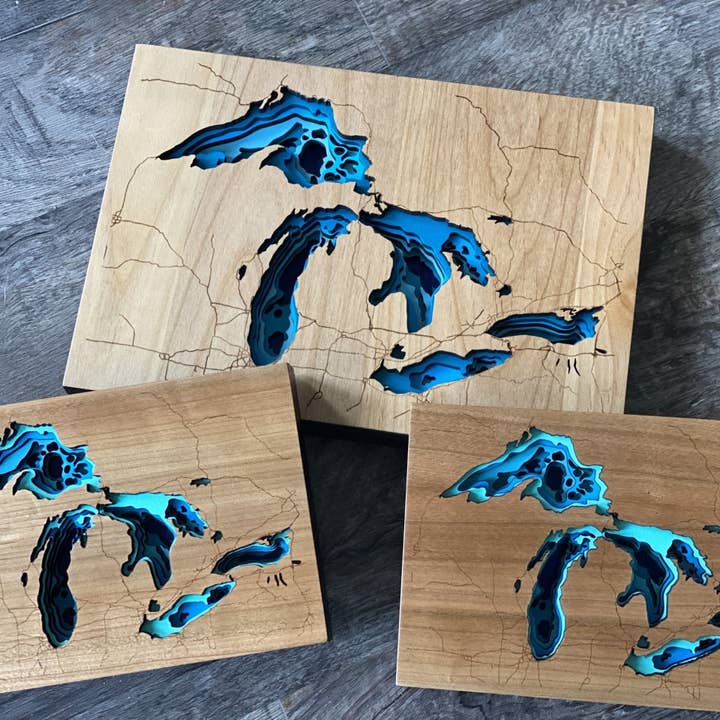 Knock On Wood - Wholesale Decorative Tabletop Object - Great Lakes Lake Depth Map