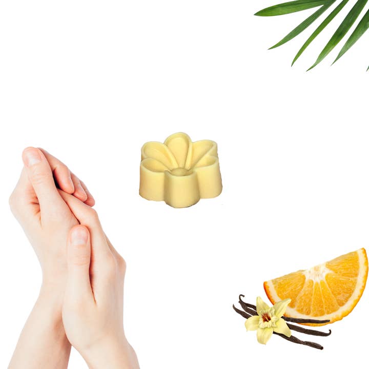 Orange Vanilla Lotion Bar Flower Shaped in Cardboard Jar for wholesale by Hippotanicals