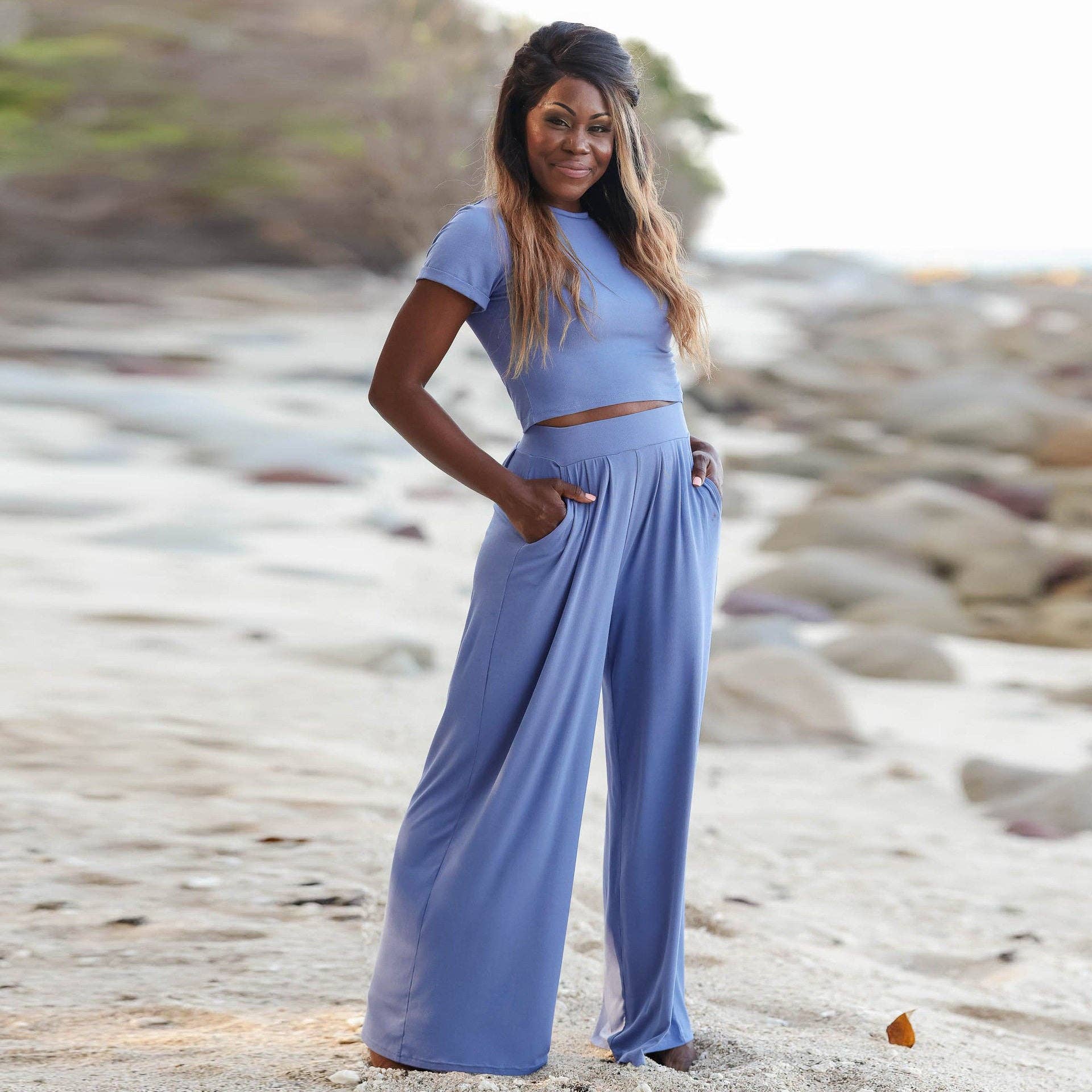 FurDecoration - Wholesale Top & Pant Set (NOT Loungewear) - Women's - Solid Short Sleeve Two-Piece Suit2