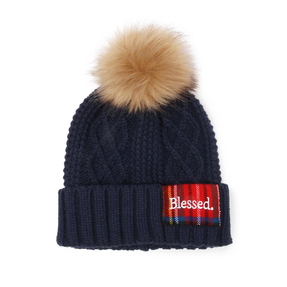 NAVY Holiday BLESSED Plaid Patch Cable Knit Beanie & Scarf SET for wholesale on Faire2