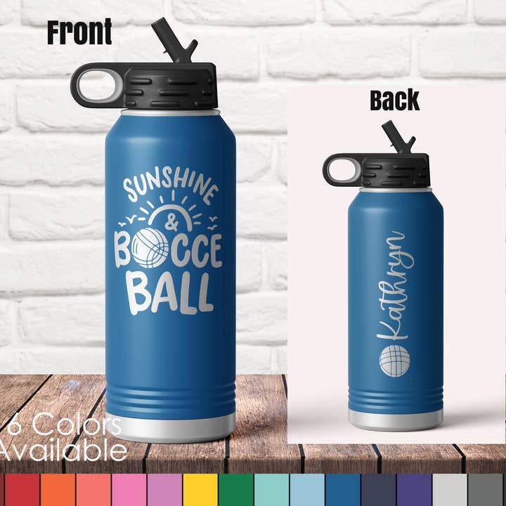 Bouteille de sport Sunshine and Bocce Ball | Bouteille gravée de 32 oz pour la vente par Happy Camper TX