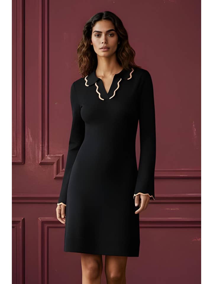Alice Black Knit Dress Polo Shirt Collar Piping Neckline Relaxed Fit for wholesale on Faire4