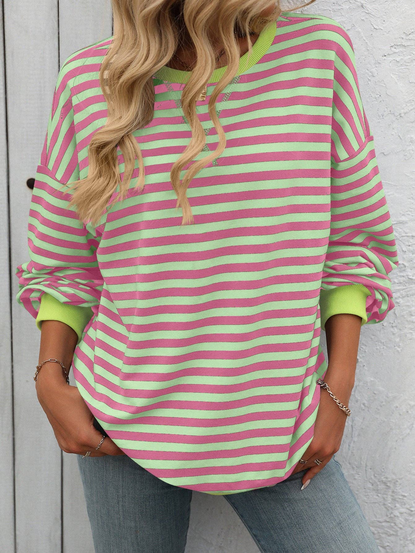 Lovesoft - Wholesale Sweatshirt - Women's - Women Color Striped Crew Neck Loose Sweatshirt Sweater14