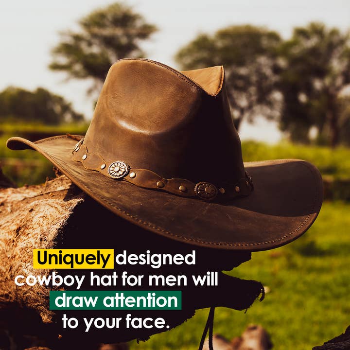 Hadzam - Wholesale Cowboy Hat - Unisex - Unisex Shapeable Brown Wide Brim Western Leather Cowboy Hat